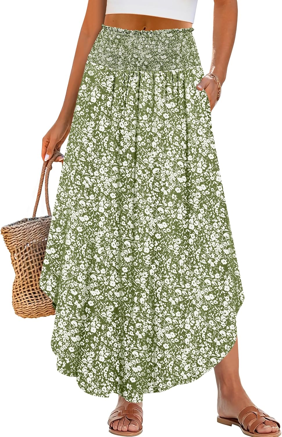 Women Maxi Skirts Summer Floral High Waisted Flowy Swing Pleated Beach Long Skirt with Pockets